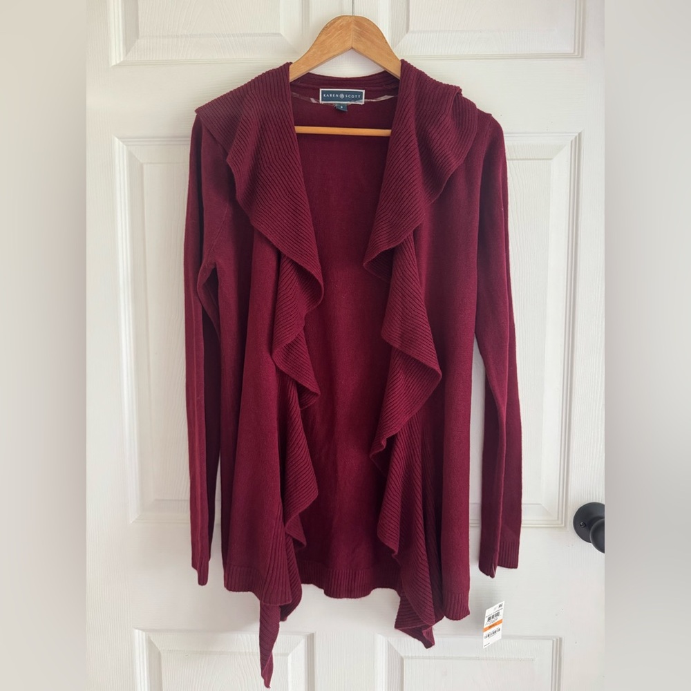 Karen Scott Ruffle Open Front Cardigan - Merlot - Size Small (NWT)